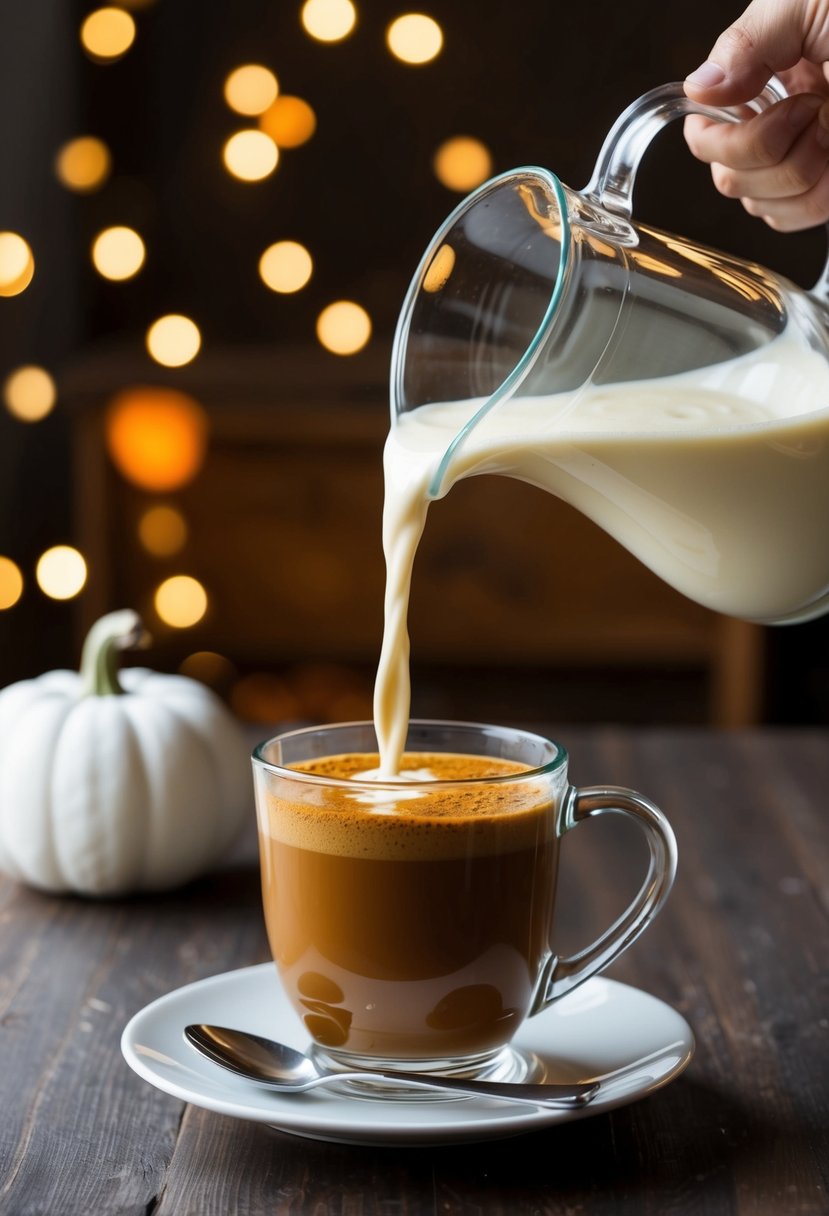 A glass pitcher pouring heavy cream into a steaming mug of pumpkin spice coffee