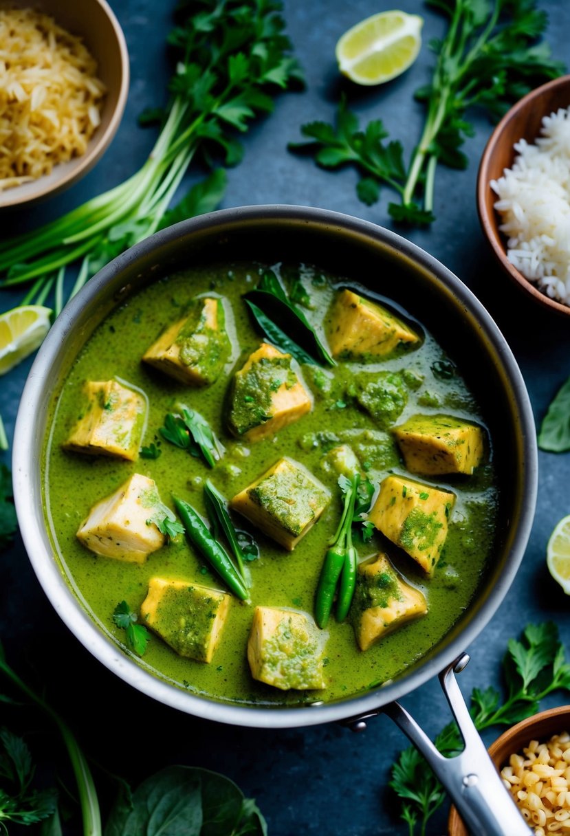 A pot of simmering green curry with chunks of chicken, surrounded by fresh Thai herbs and vegetables