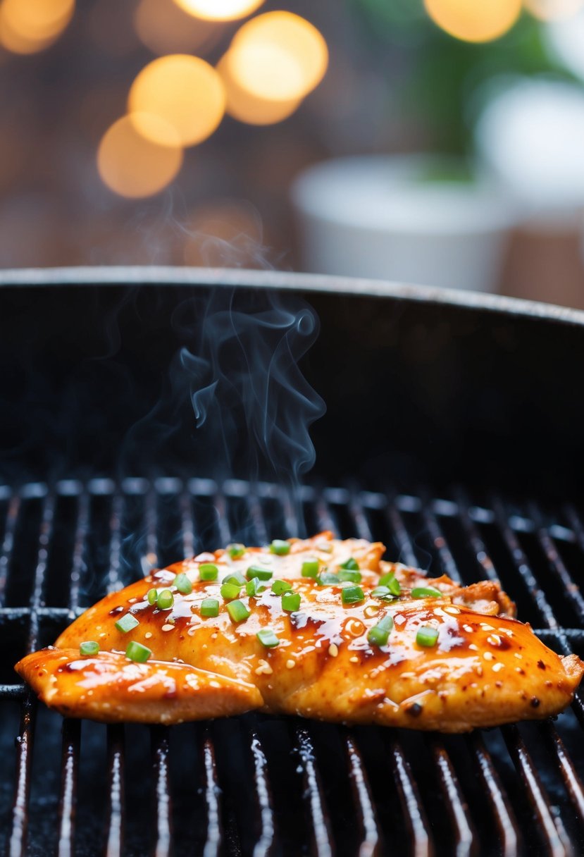 A sizzling teriyaki glazed chicken breast cooking on a hot grill