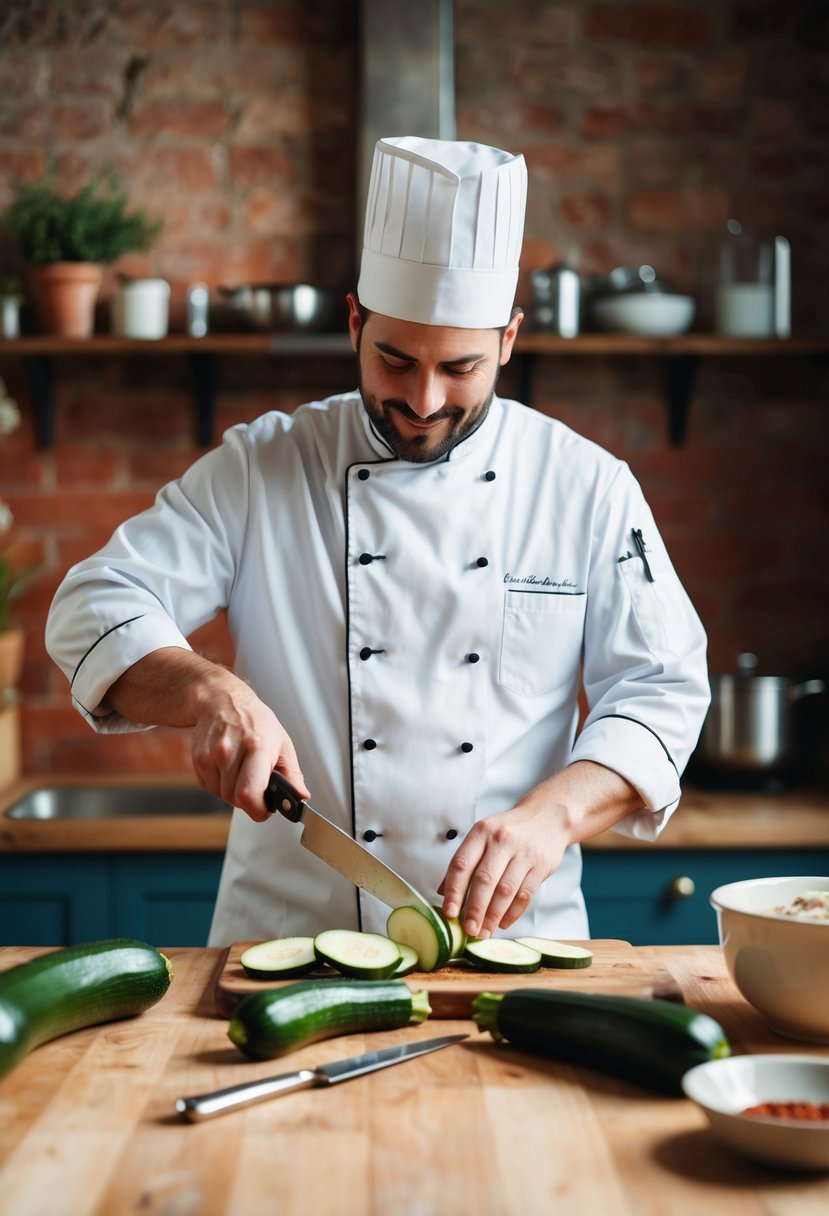 A chef slicing zucchini and seasoning chicken in a rustic kitchen