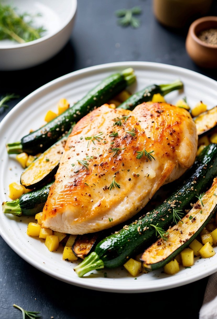 A golden-brown chicken breast sits on a bed of roasted zucchini, sprinkled with herbs and spices, on a white ceramic plate