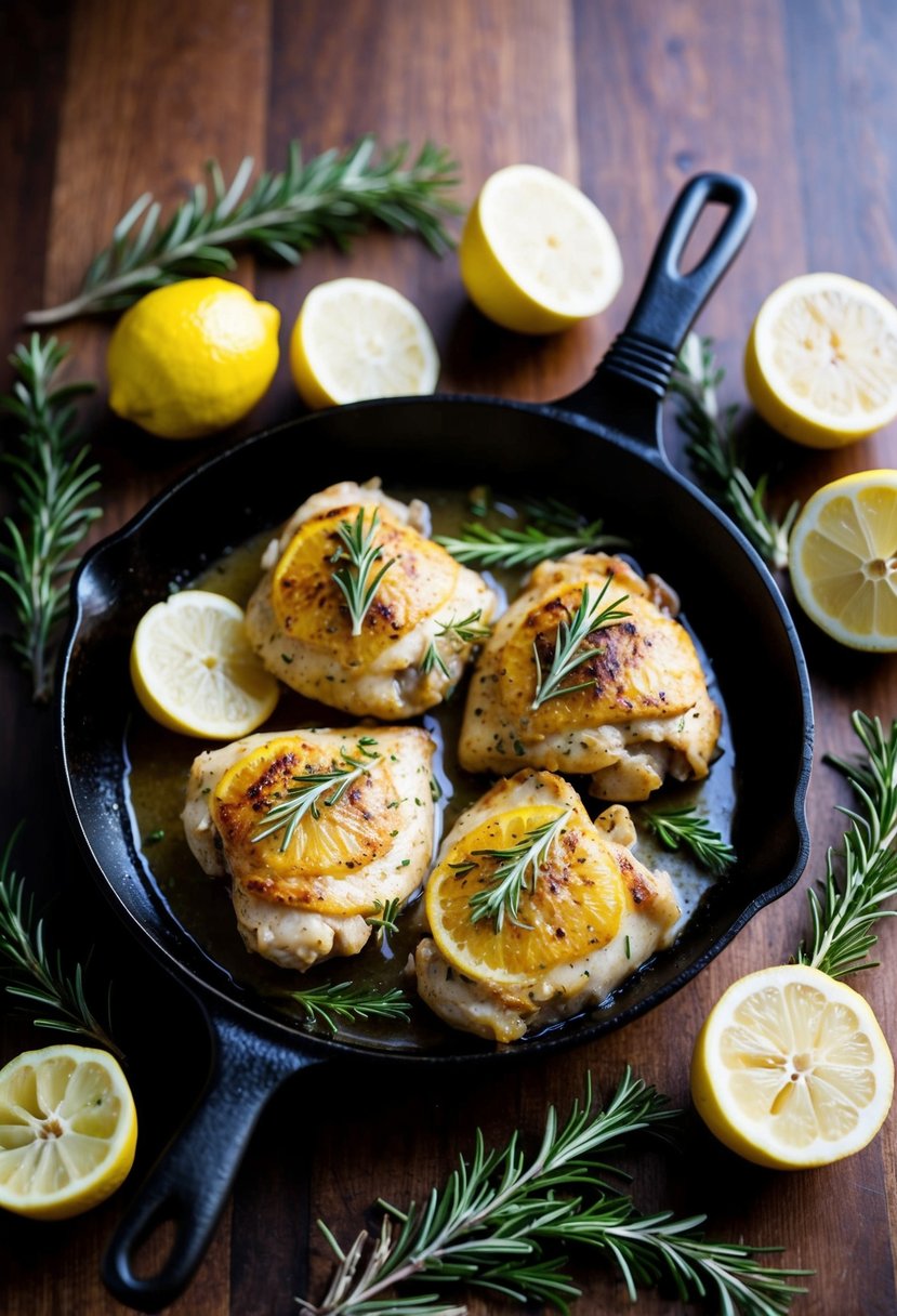 A sizzling skillet of lemon rosemary chicken, surrounded by fresh rosemary sprigs and halved lemons