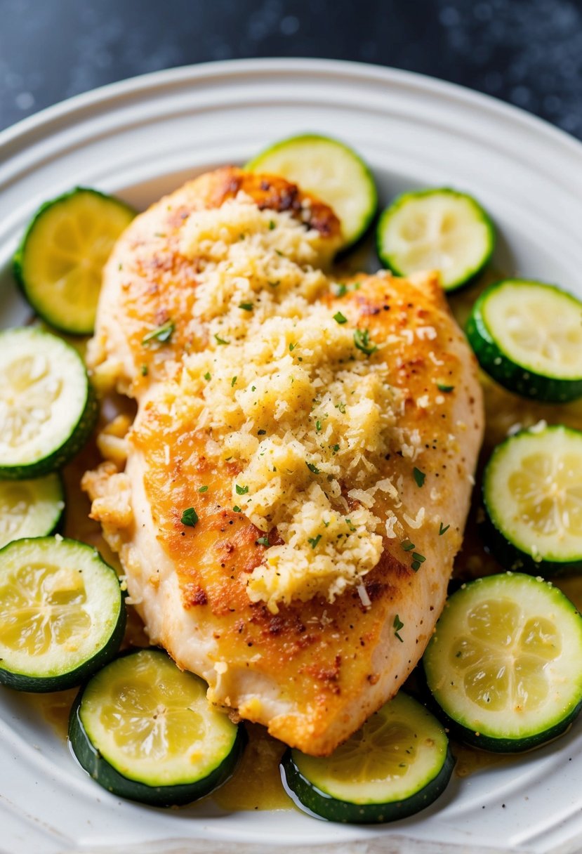 A golden-brown chicken breast coated in parmesan and garlic, surrounded by vibrant green zucchini slices on a white ceramic plate