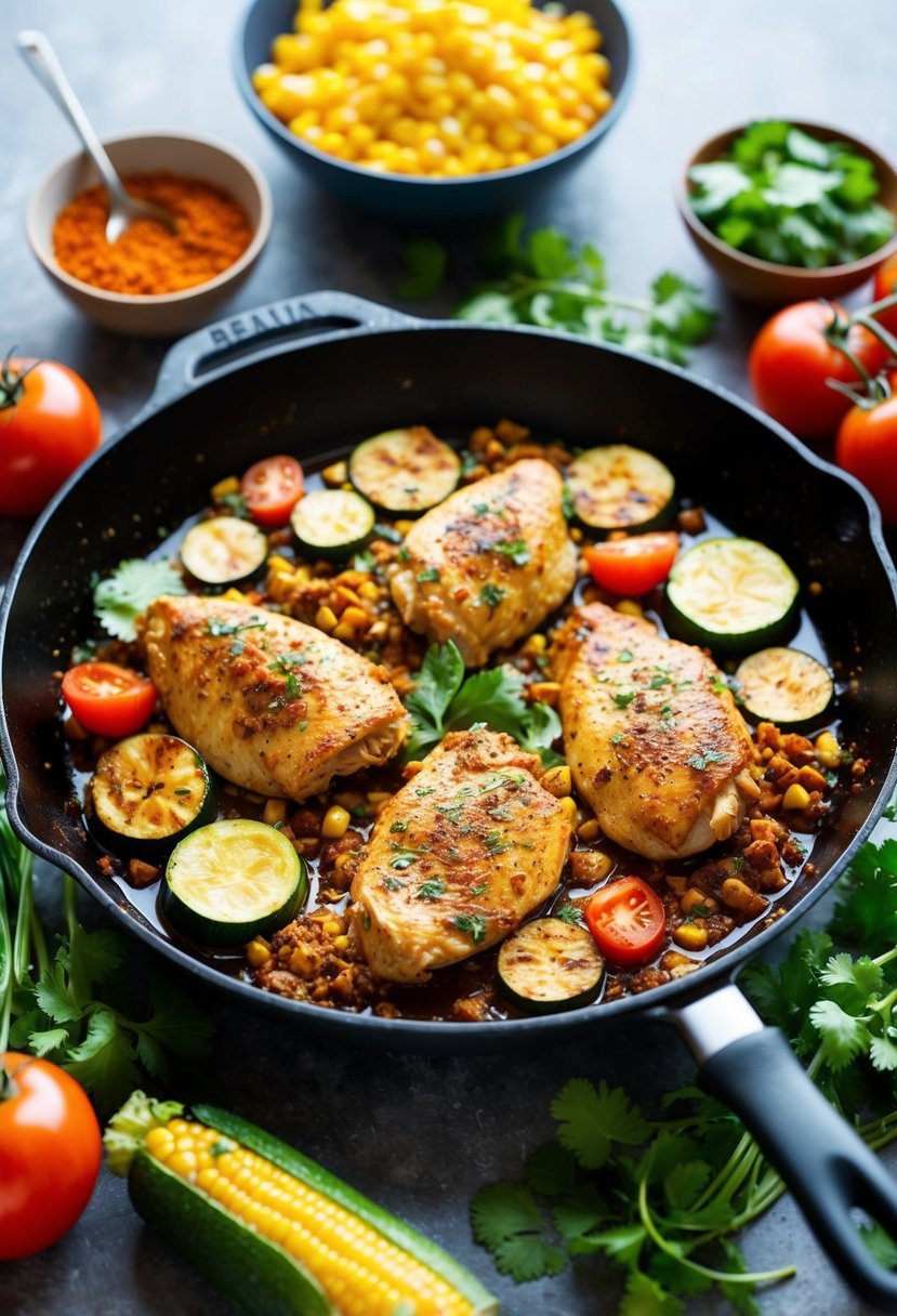 A sizzling skillet holds seasoned chicken, zucchini, and colorful Tex Mex spices, surrounded by fresh ingredients like tomatoes, corn, and cilantro