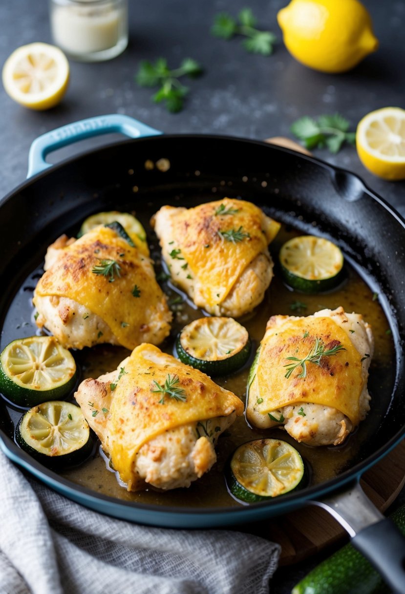 A sizzling skillet with golden-brown lemon parmesan chicken and zucchini cooking together