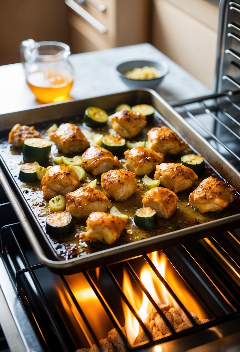 A sheet pan filled with hot honey garlic chicken and zucchini, sizzling in the oven