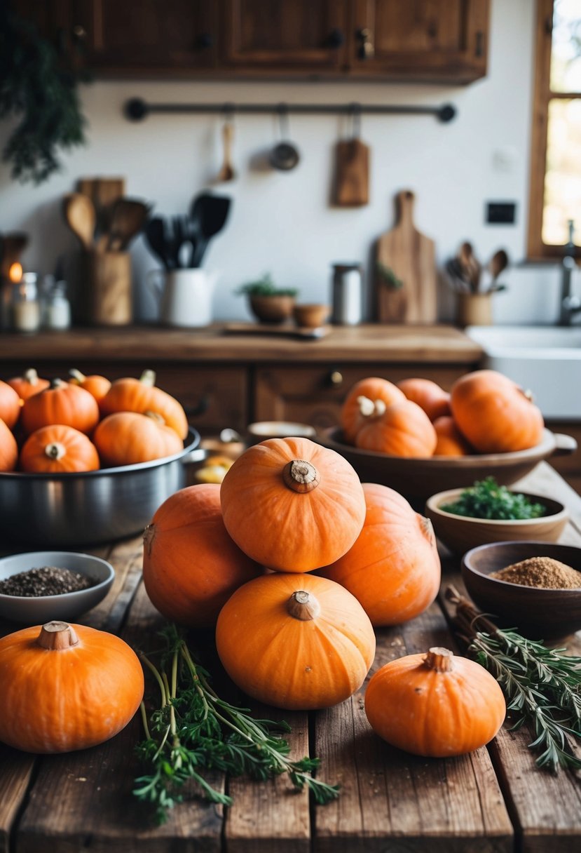 A rustic kitchen with a wooden table covered in yams, surrounded by cooking utensils and ingredients like herbs and spices