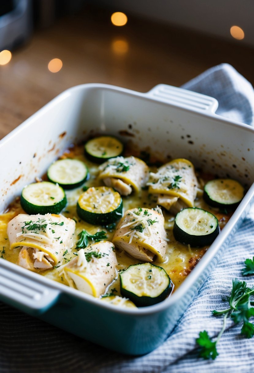 A baking dish filled with chicken and zucchini slices, sprinkled with herbs and cheese, ready to be placed in the oven