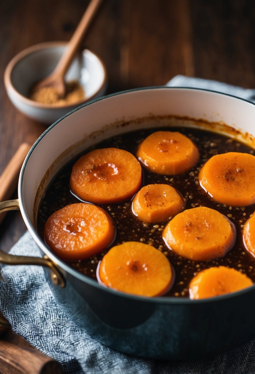 A bubbling pot of sweet yams simmering in a rich, caramelized syrup, with a hint of cinnamon and nutmeg