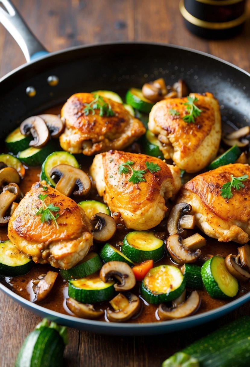 A sizzling skillet with juicy chicken, sautéed mushrooms, and vibrant zucchini cooking together in a flavorful sauce