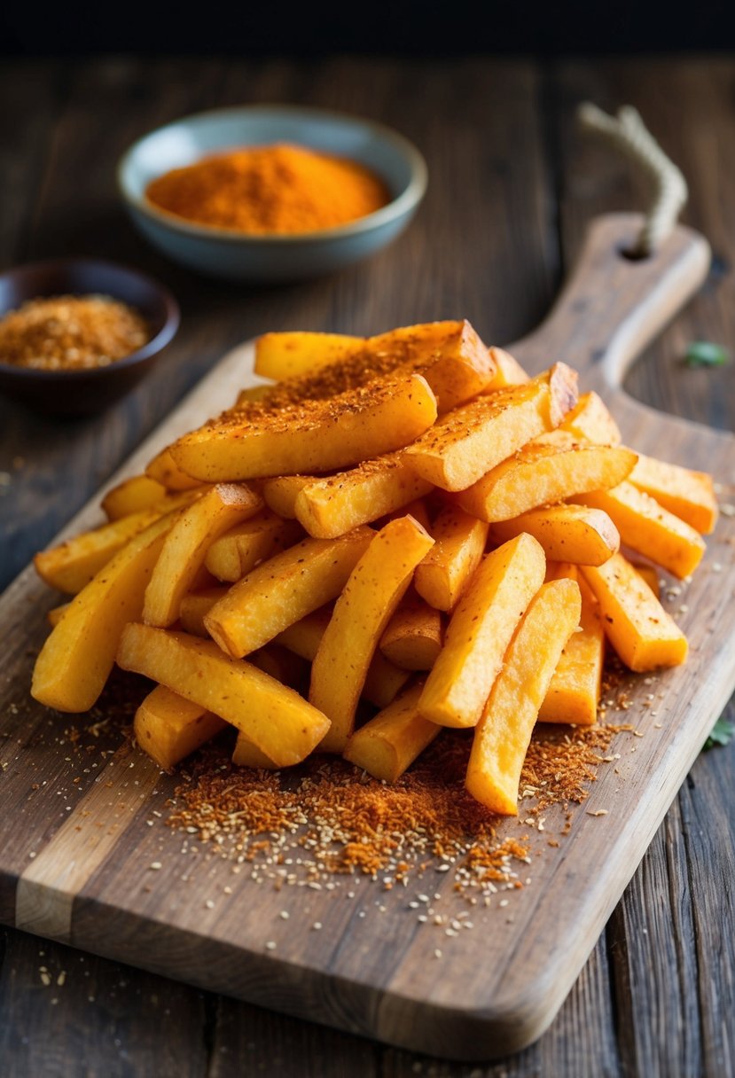 A pile of golden, crispy yam fries sprinkled with spicy seasoning on a rustic wooden cutting board