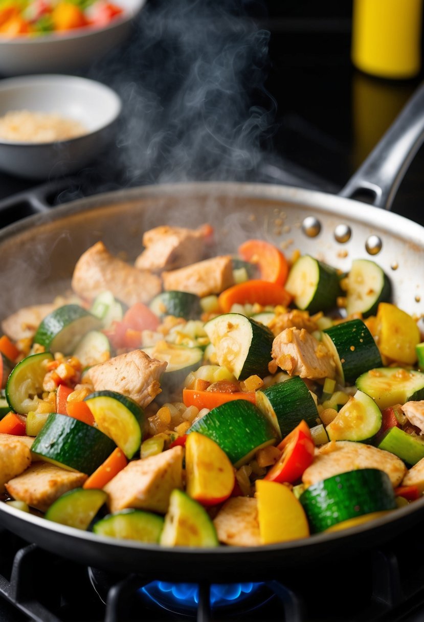 Sizzling stir fry pan with chicken, zucchini, and colorful vegetables cooking over a hot flame