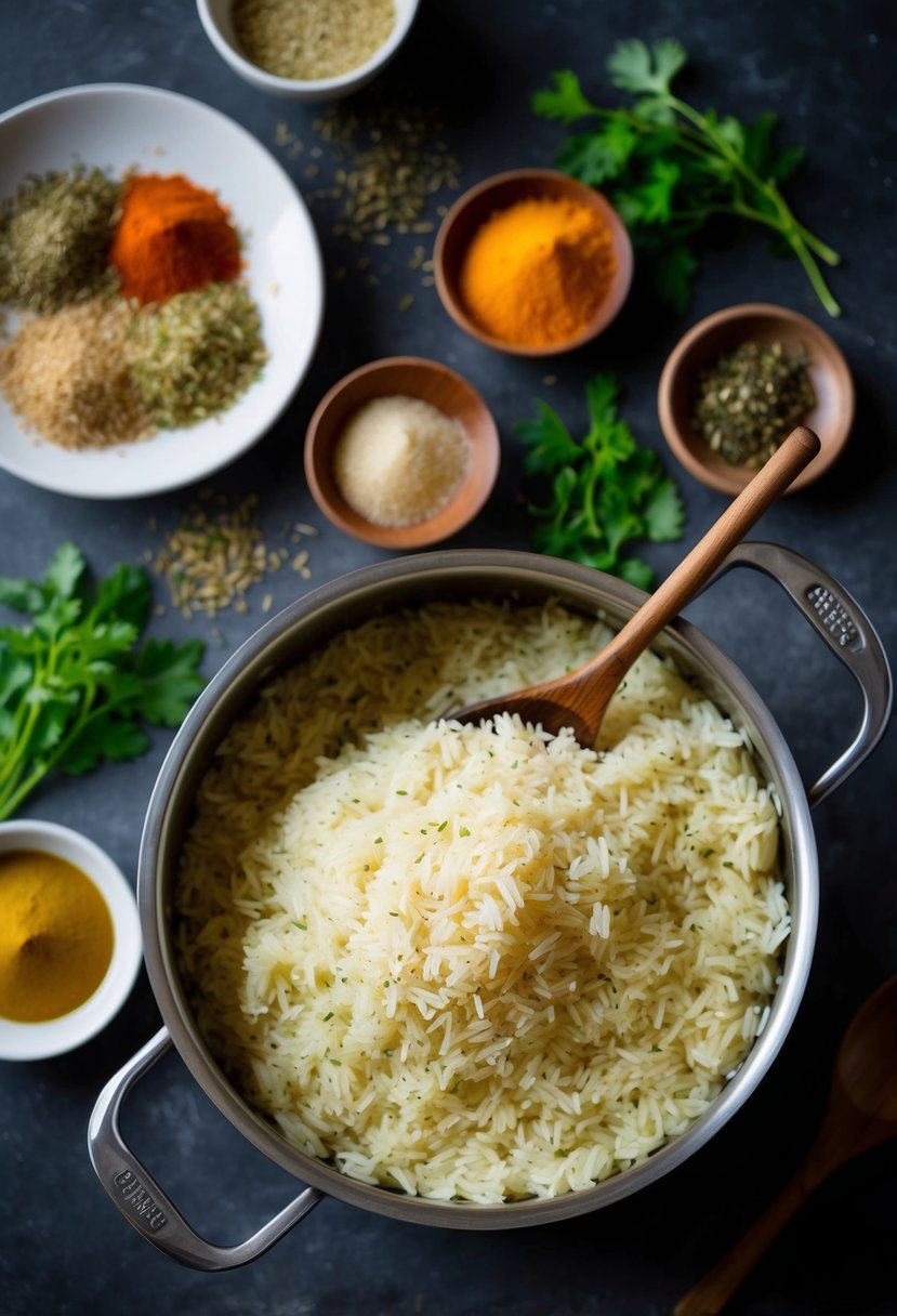 A steaming pot of basmati rice surrounded by vibrant spices and herbs, with a wooden spoon resting on the side