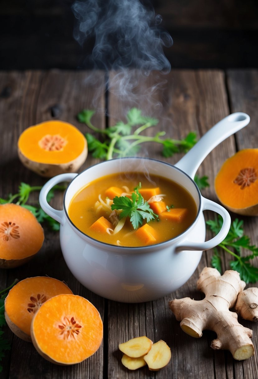 A steaming pot of yam and ginger soup surrounded by fresh yams and ginger root on a rustic wooden table