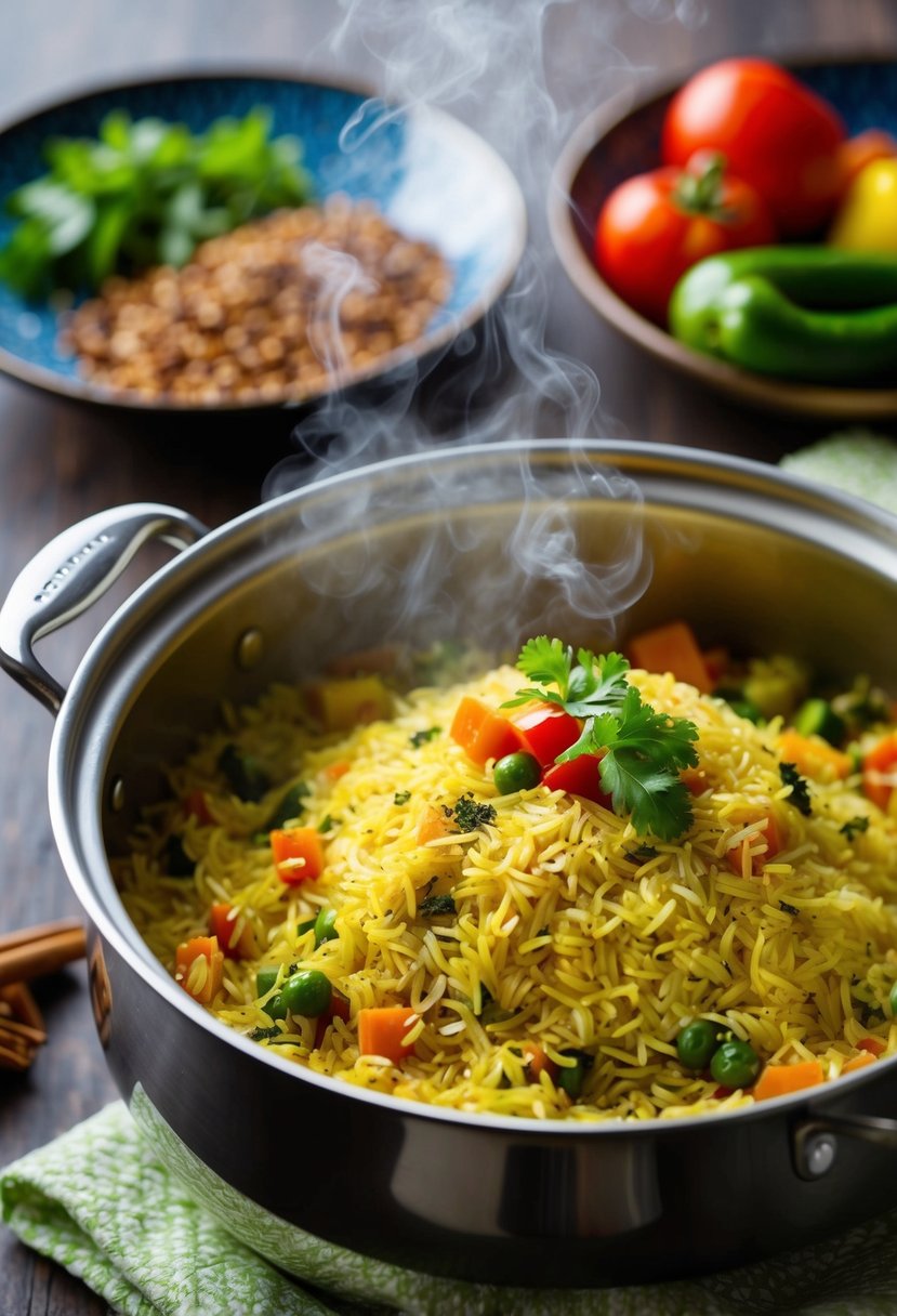 A steaming pot of fragrant Basmati rice pilaf with colorful vegetables and aromatic spices