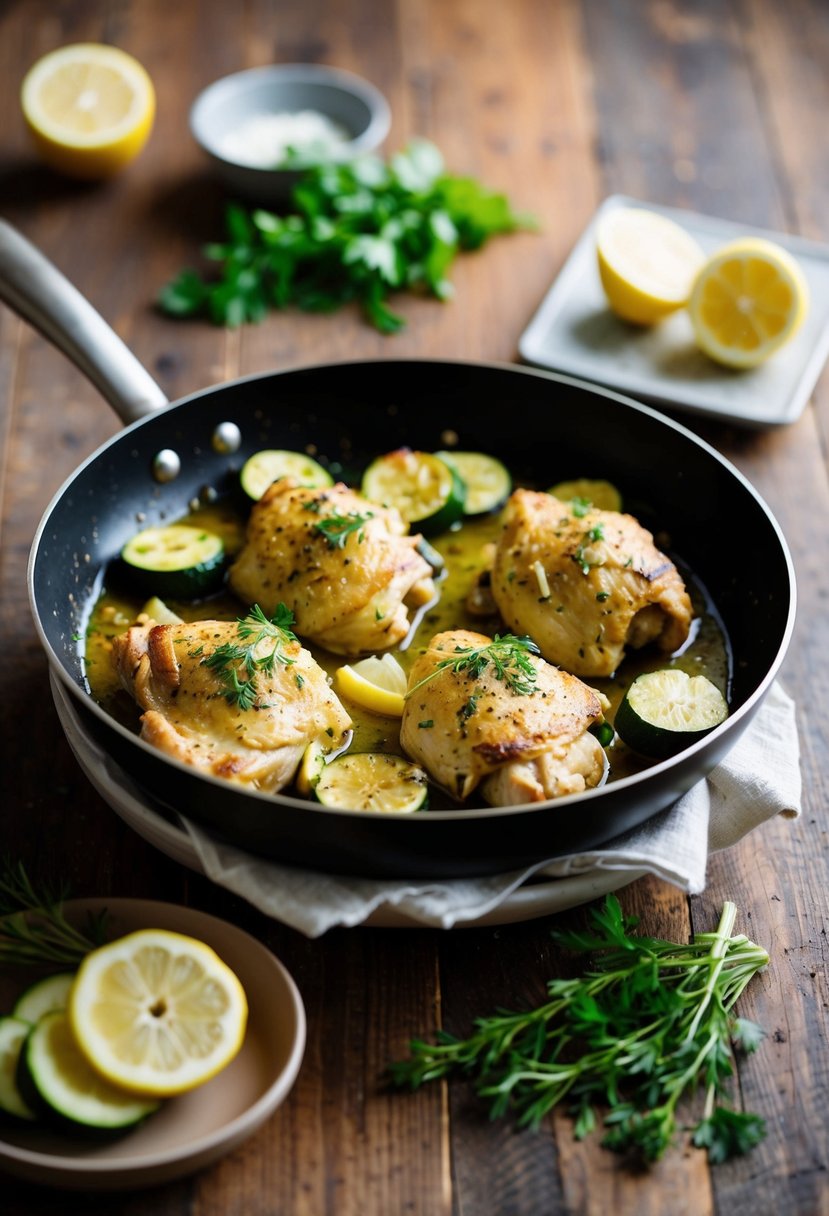 A sizzling pan of lemon garlic chicken with zucchini and herbs