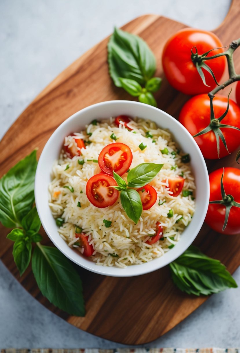 A bowl of steaming basmati rice with vibrant red tomatoes and fresh basil leaves scattered on top