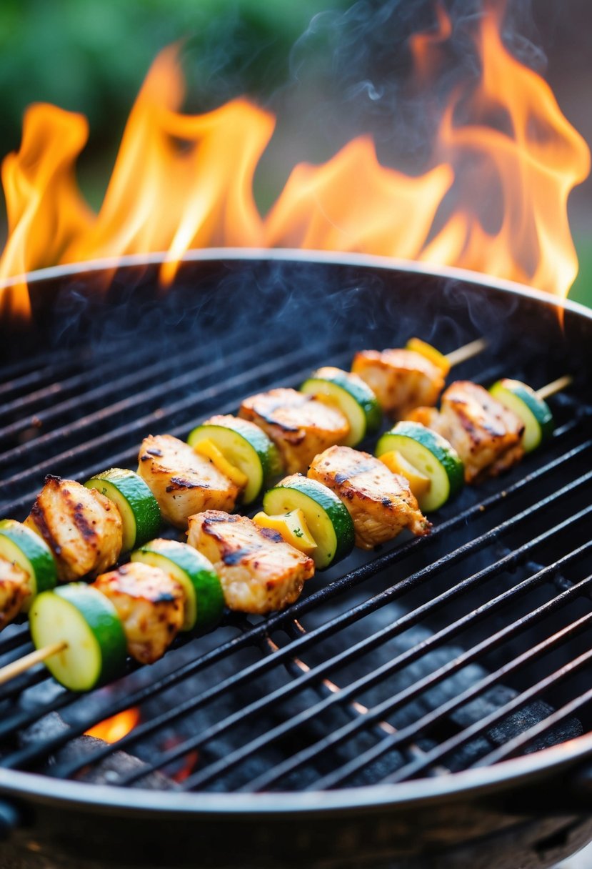 Grilled chicken and zucchini skewers sizzling on a hot barbecue grill