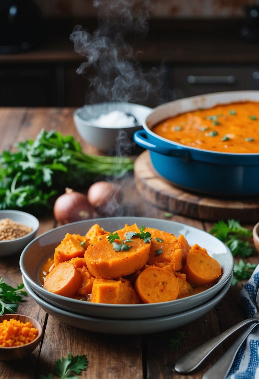 A rustic kitchen table set with a steaming sweet potato and yam casserole, surrounded by fresh ingredients and kitchen utensils