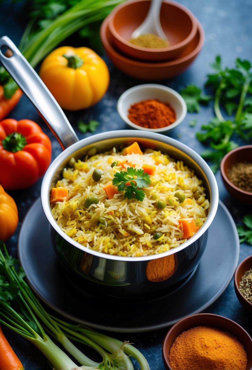 A steaming pot of curried basmati rice surrounded by colorful vegetables and aromatic spices