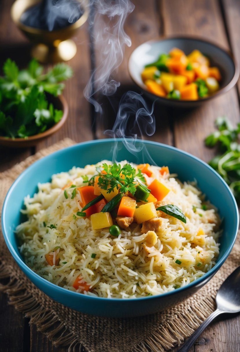 A steaming bowl of Basmati Chicken Rice, topped with colorful vegetables and aromatic herbs, sits on a rustic wooden table