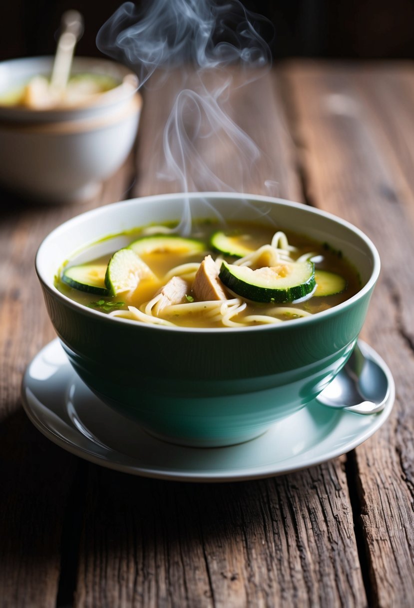 A steaming bowl of zucchini and chicken noodle soup sits on a rustic wooden table, with chunks of tender chicken and slices of vibrant green zucchini floating in the savory broth