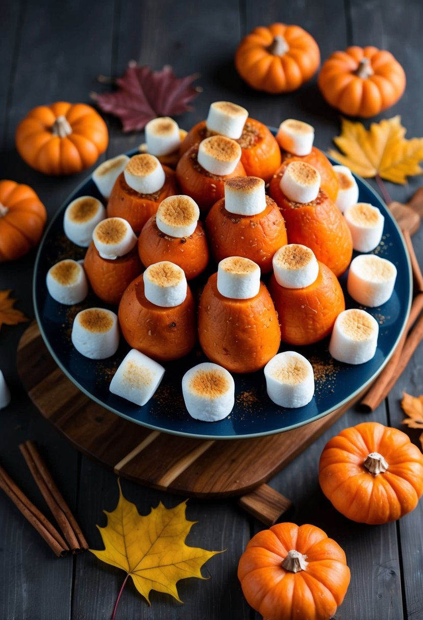 A platter of yams topped with gooey marshmallows, surrounded by cinnamon sticks and autumn leaves