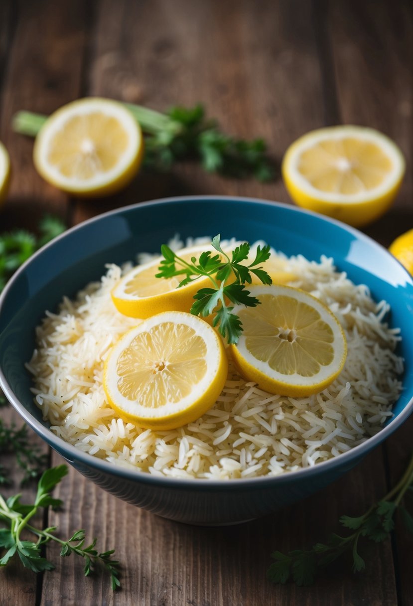 A bowl of fragrant basmati rice with slices of lemon and sprigs of fresh herbs scattered around it on a wooden table