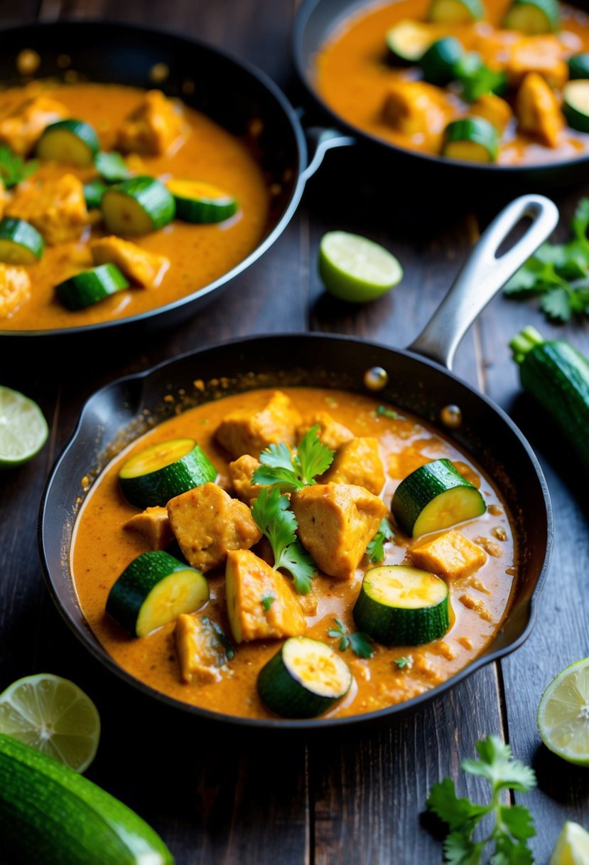 A sizzling skillet of Thai Chicken Zucchini Curry, with vibrant green zucchini, tender chunks of chicken, and a rich, aromatic curry sauce