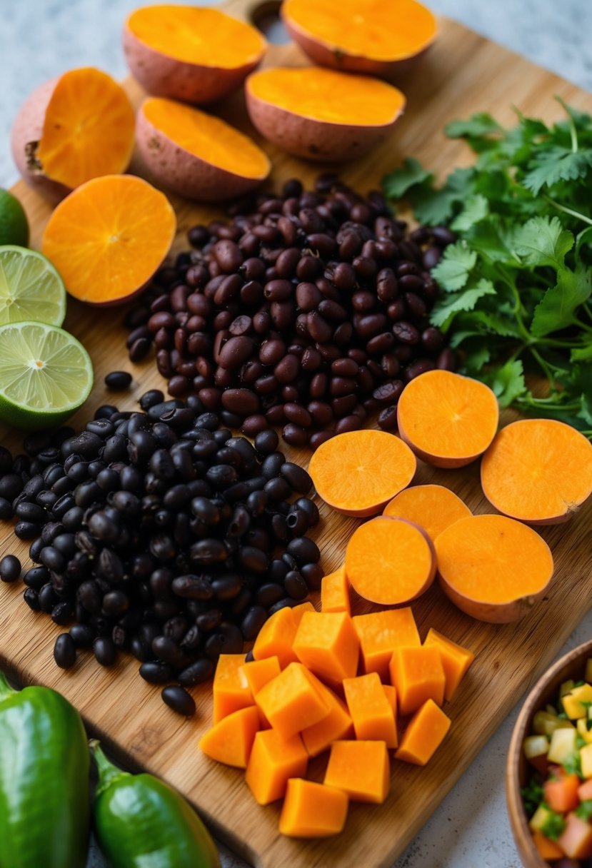 A colorful array of yams, black beans, and taco ingredients spread out on a wooden cutting board