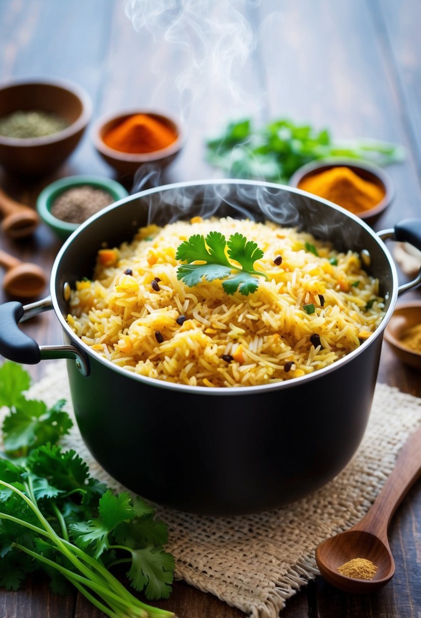 A steaming pot of spiced coconut basmati rice, surrounded by vibrant whole spices and a sprig of fresh cilantro