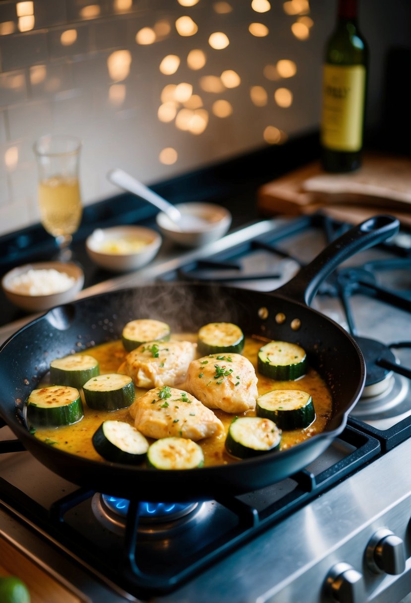 A sizzling skillet with garlic butter chicken and zucchini cooking over a stovetop