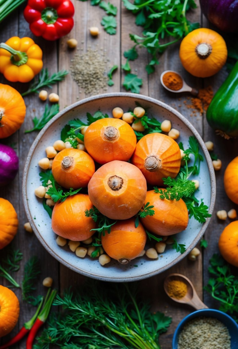 A rustic wooden table with a colorful array of yams, chickpeas, and fresh herbs, surrounded by vibrant vegetables and a scattering of spices