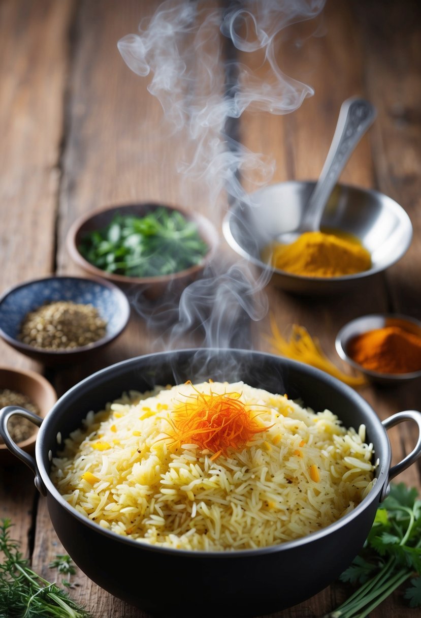 A steaming pot of saffron-infused basmati rice, surrounded by fragrant spices and herbs on a rustic wooden table