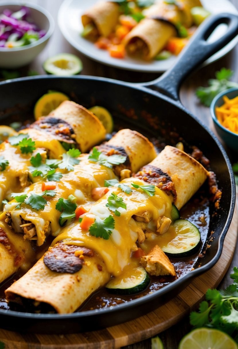 A sizzling skillet of enchiladas, filled with tender chicken and zucchini, topped with melted cheese and surrounded by colorful garnishes