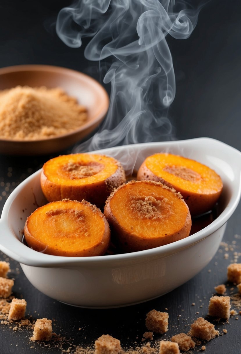 A steaming dish of cinnamon-dusted yams, surrounded by scattered brown sugar