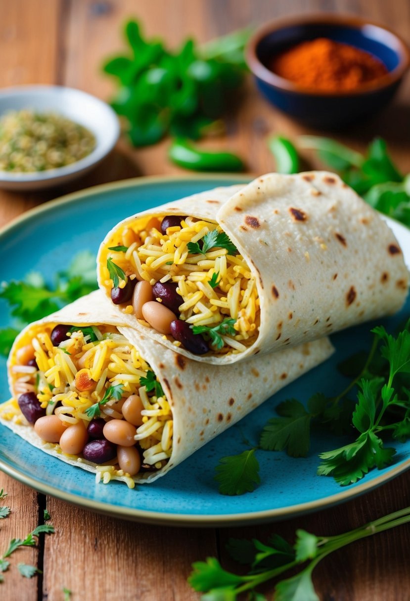 A colorful wrap filled with basmati rice and beans, surrounded by fresh herbs and spices