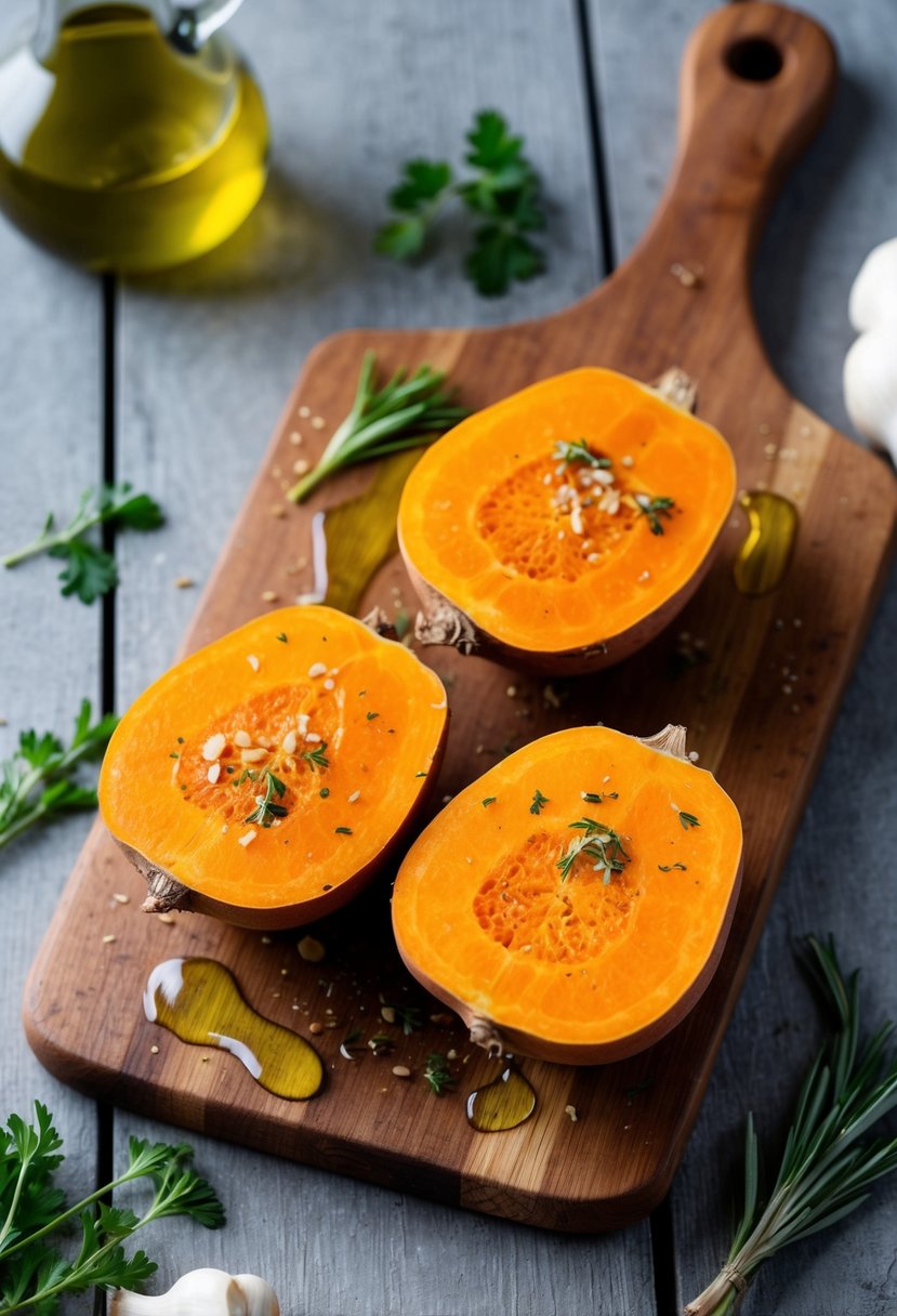 A rustic wooden cutting board with halved yams, drizzled with olive oil and sprinkled with garlic and herbs