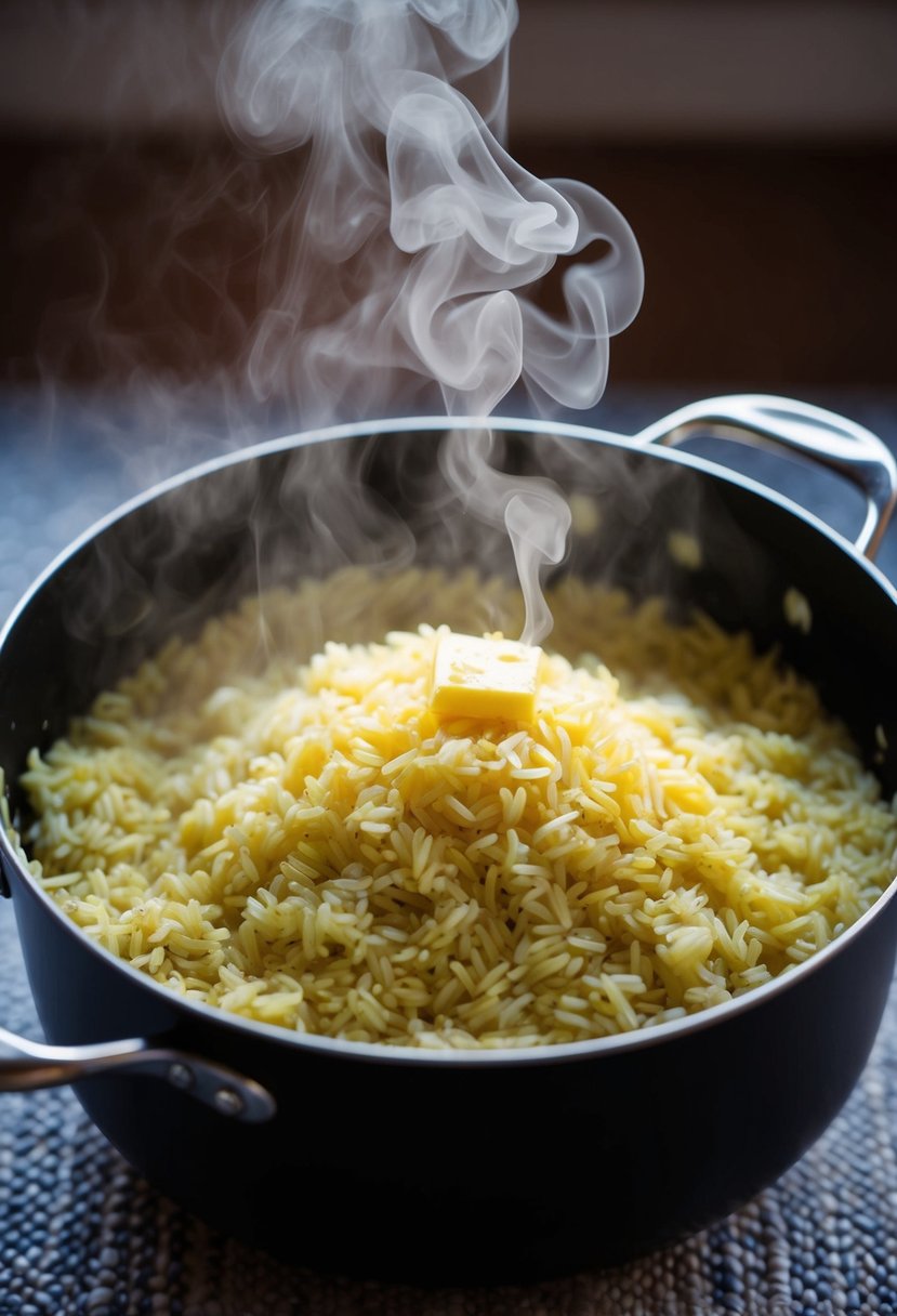 A pot of basmati rice cooking in garlic butter, steam rising