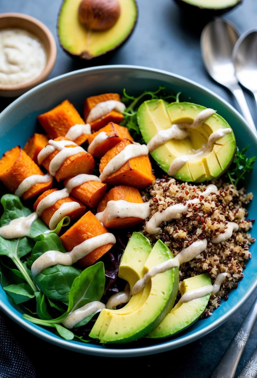 A colorful bowl filled with roasted yams, quinoa, avocado, and mixed greens, drizzled with a tahini dressing