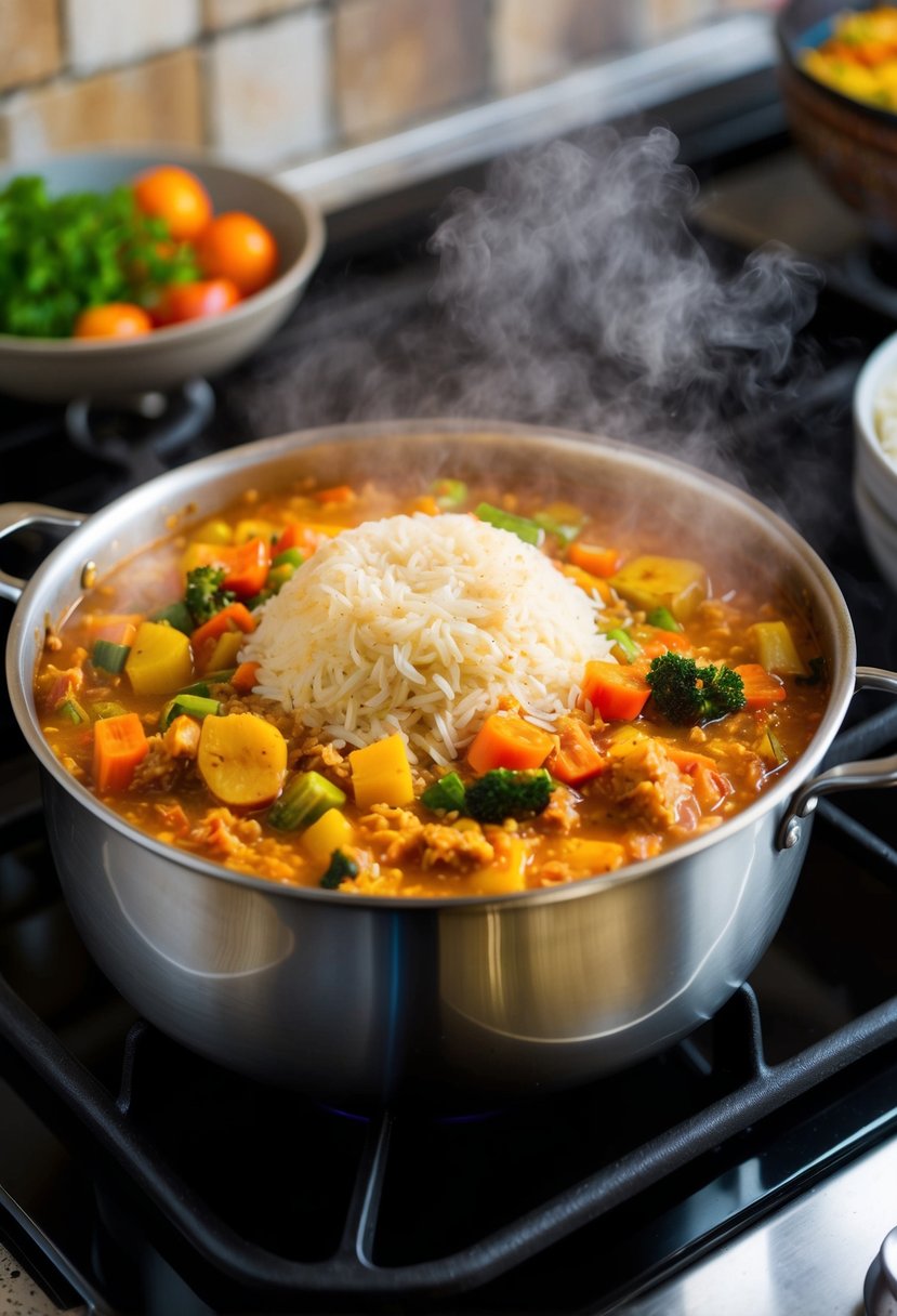 A steaming pot of Basmati Jambalaya simmering on a stove, filled with colorful vegetables, spices, and fragrant basmati rice