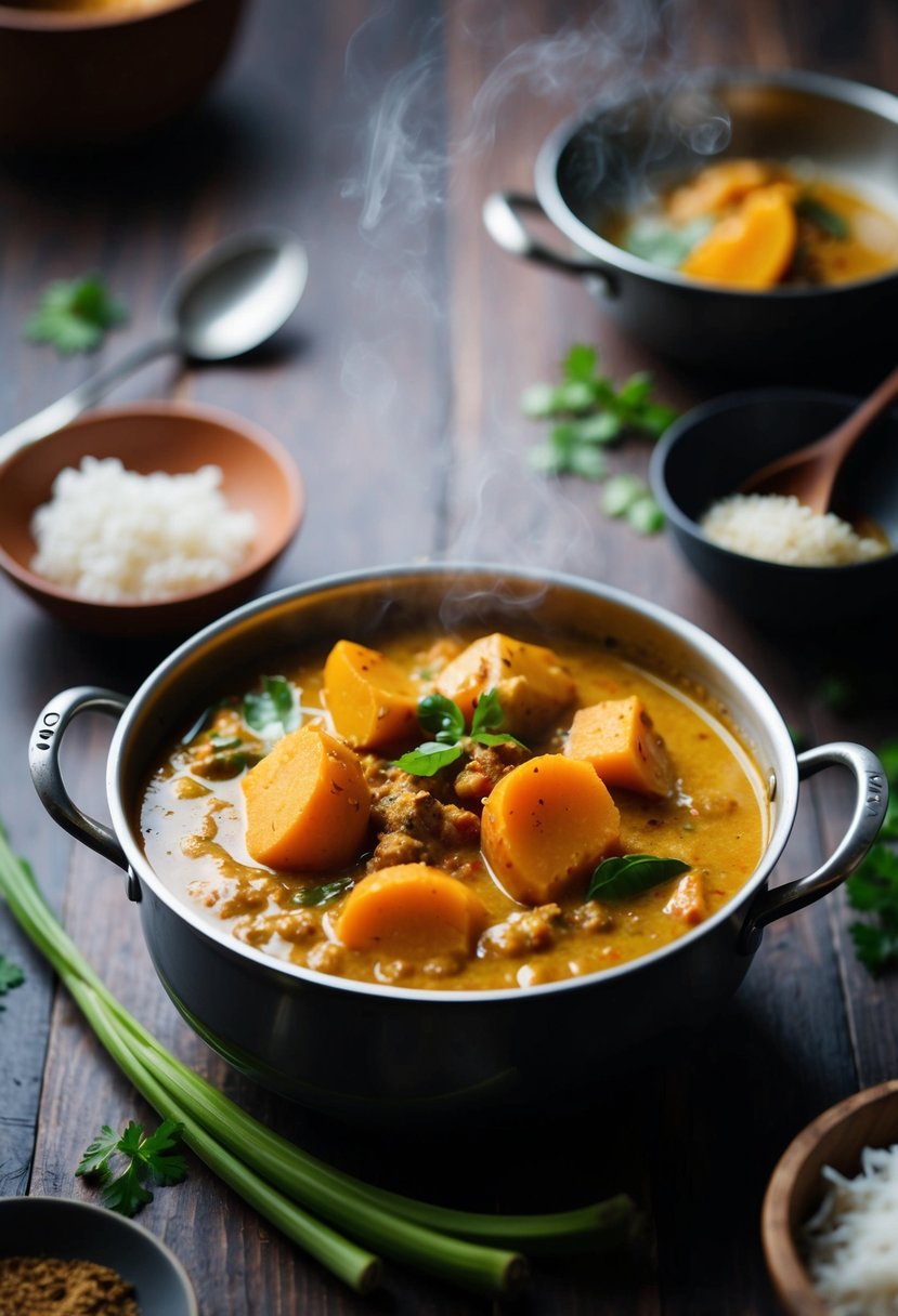 A steaming pot of yam curry simmering with coconut milk and aromatic spices