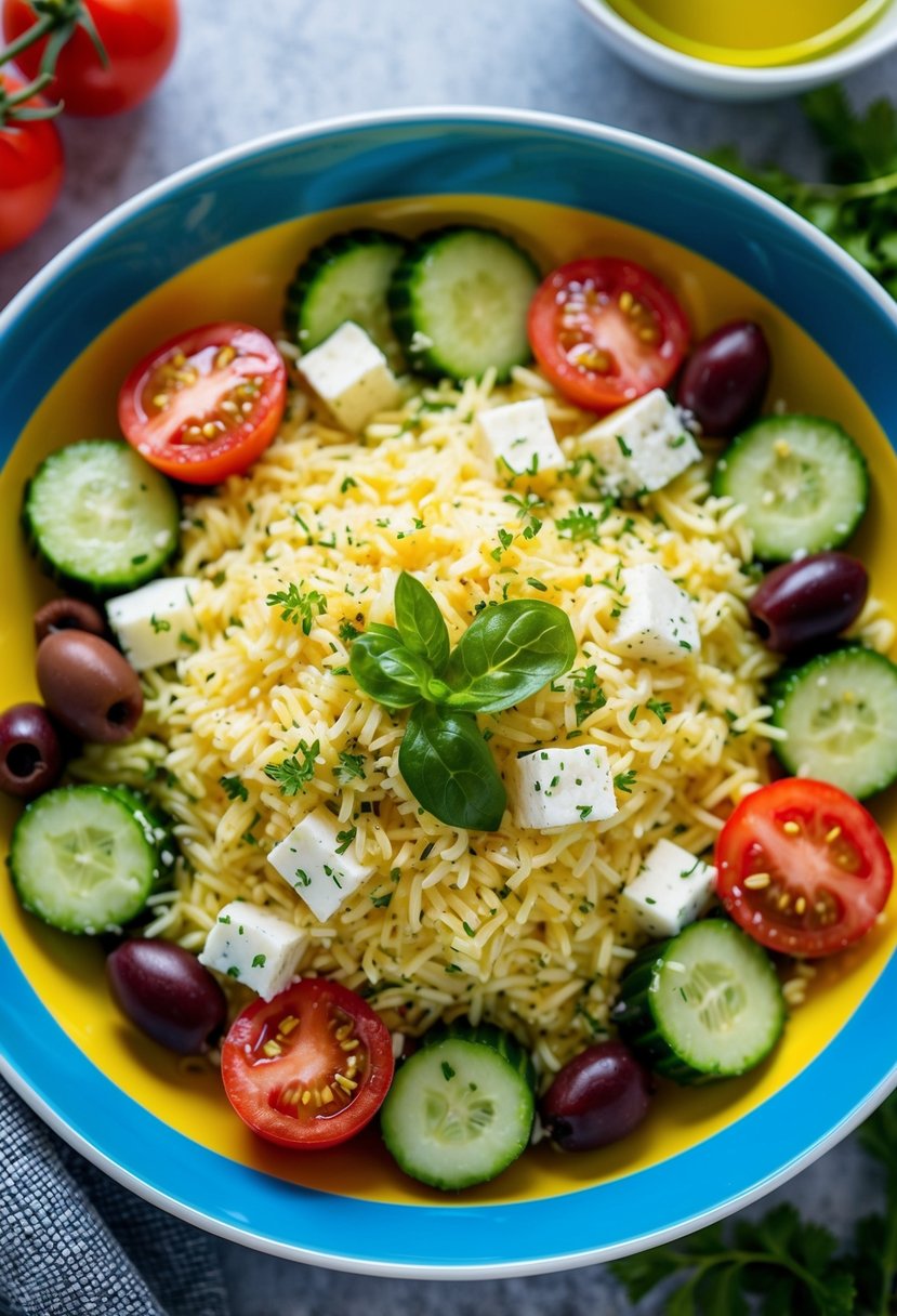 A colorful bowl of Mediterranean Basmati Salad surrounded by fresh ingredients like tomatoes, cucumbers, olives, and feta cheese, with a drizzle of olive oil and a sprinkle of herbs