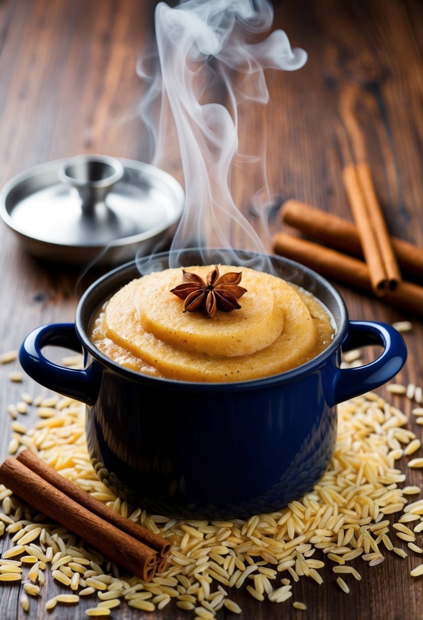 A steaming pot of sweet cinnamon basmati pudding, surrounded by scattered basmati rice grains and cinnamon sticks