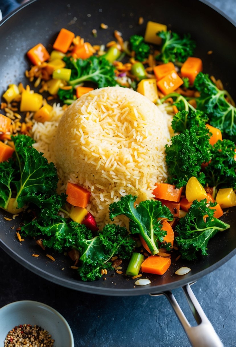 A sizzling stir-fry pan with Basmati rice and vibrant green kale being tossed together with colorful vegetables and aromatic spices