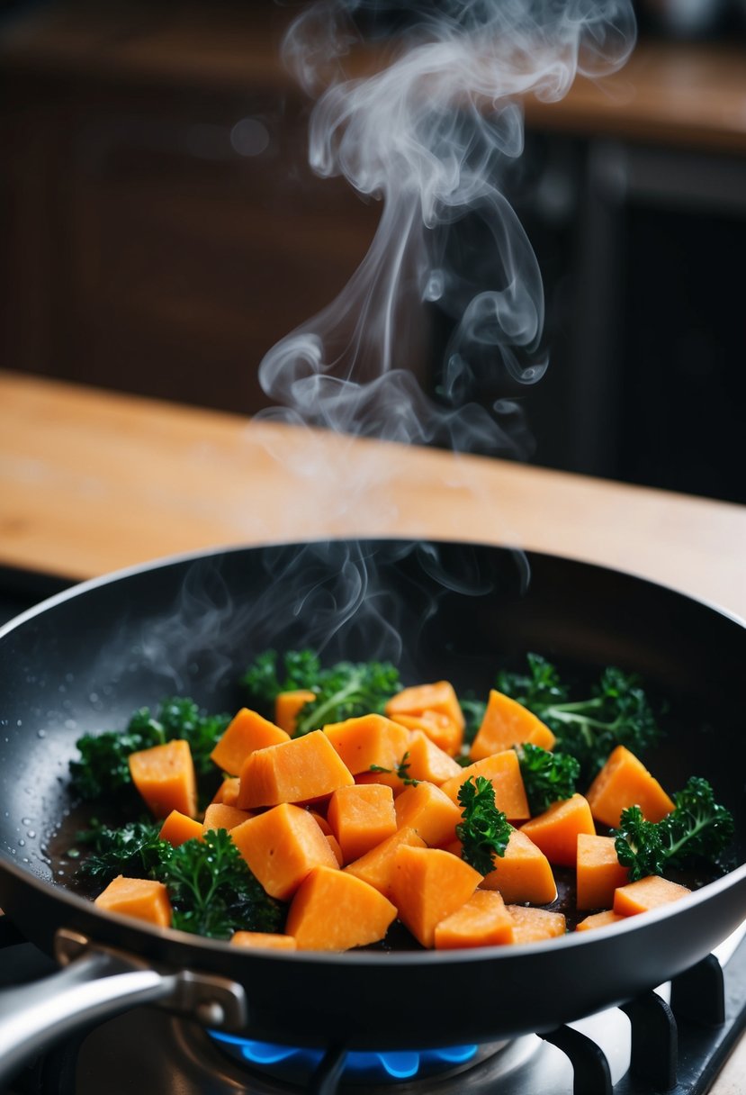 A sizzling pan with diced yams and kale, steam rising