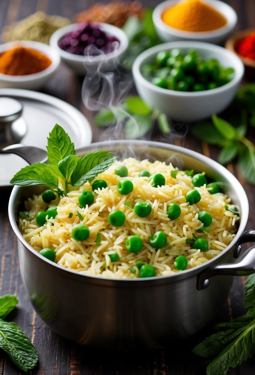 A steaming pot of basmati rice mixed with vibrant green peas and fresh mint leaves, set against a backdrop of colorful spices and herbs