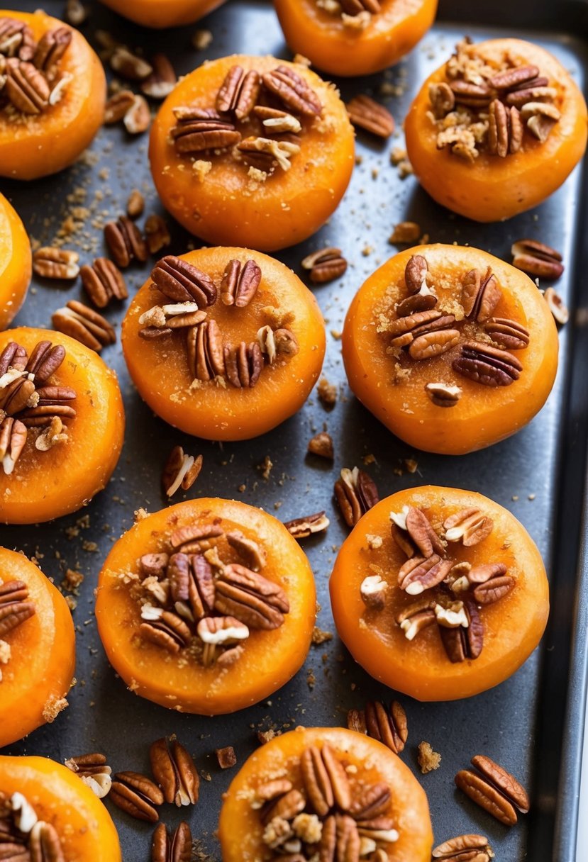 Golden yams coated in crushed pecans, arranged on a baking sheet. A sprinkle of cinnamon and brown sugar adds a sweet touch