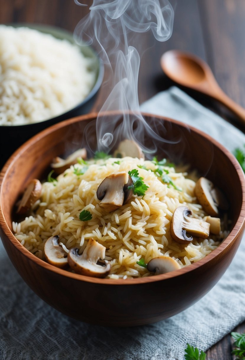 A steaming pot of basmati rice mixed with creamy mushrooms in a wooden bowl