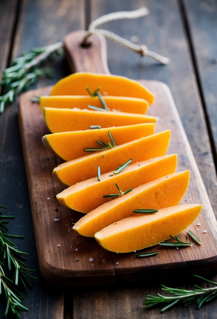 Lemon-rosemary yam wedges arranged on a rustic wooden cutting board